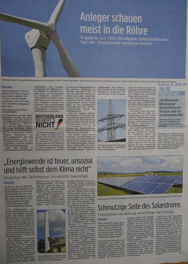  "Anleger schauen meist in die Röhre" - Fuldaer Zeitung zur Windkraft am 20.06.2014.Von Volker Nies
