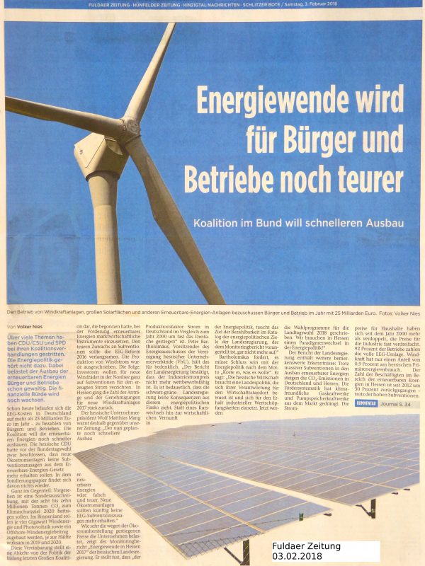 Ein Bericht der Fuldaer Zeitung vom 03.02.2018 - zum Vergrößern auf das Bild klicken! 