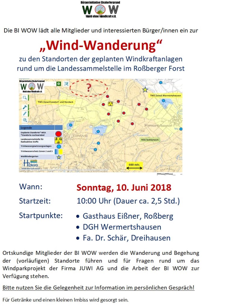 Einladung zur „Windwanderung“ am 10.06.2018 - Wald ohne Windkraft, Ebsdorfer Grund, Kreis Marburg-Biedenkopf